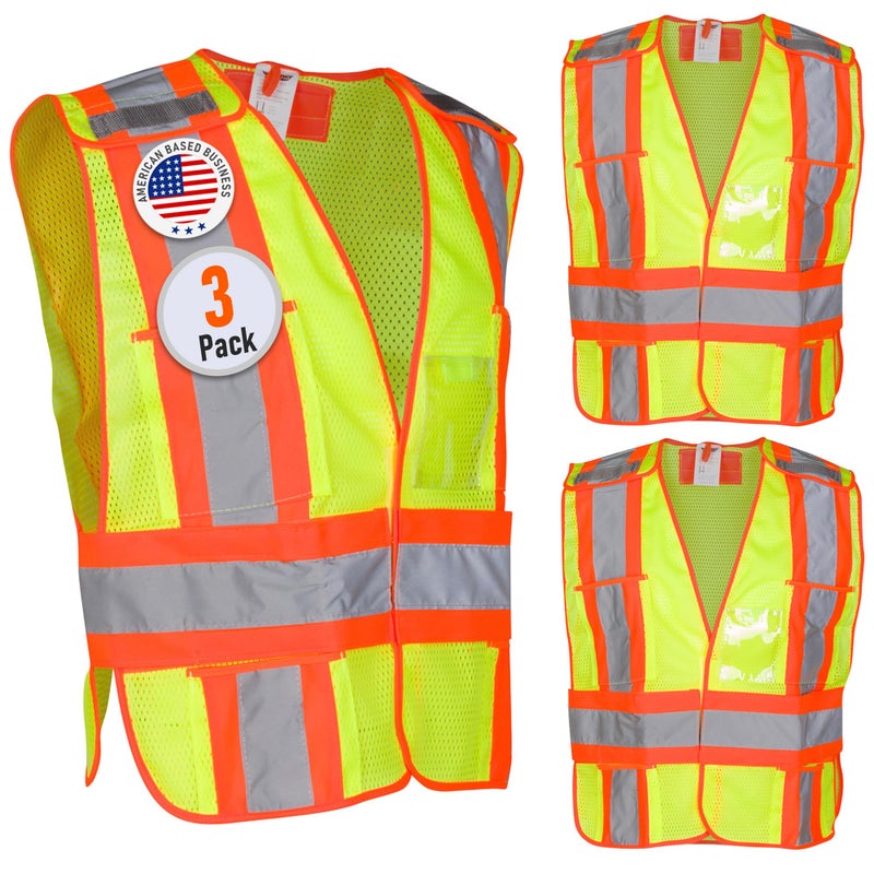 Dasher Products High Visibility Safety Vest â€“ ANSI Class 2 Breakaway Vest with 5 Pockets, Yellow with Adjustable Hook and Loop Closure, Hi Vis Breathable Mesh, Heavy Duty Work Wear for Men or Women, 3 Pack (XL/XXL) - Image 1